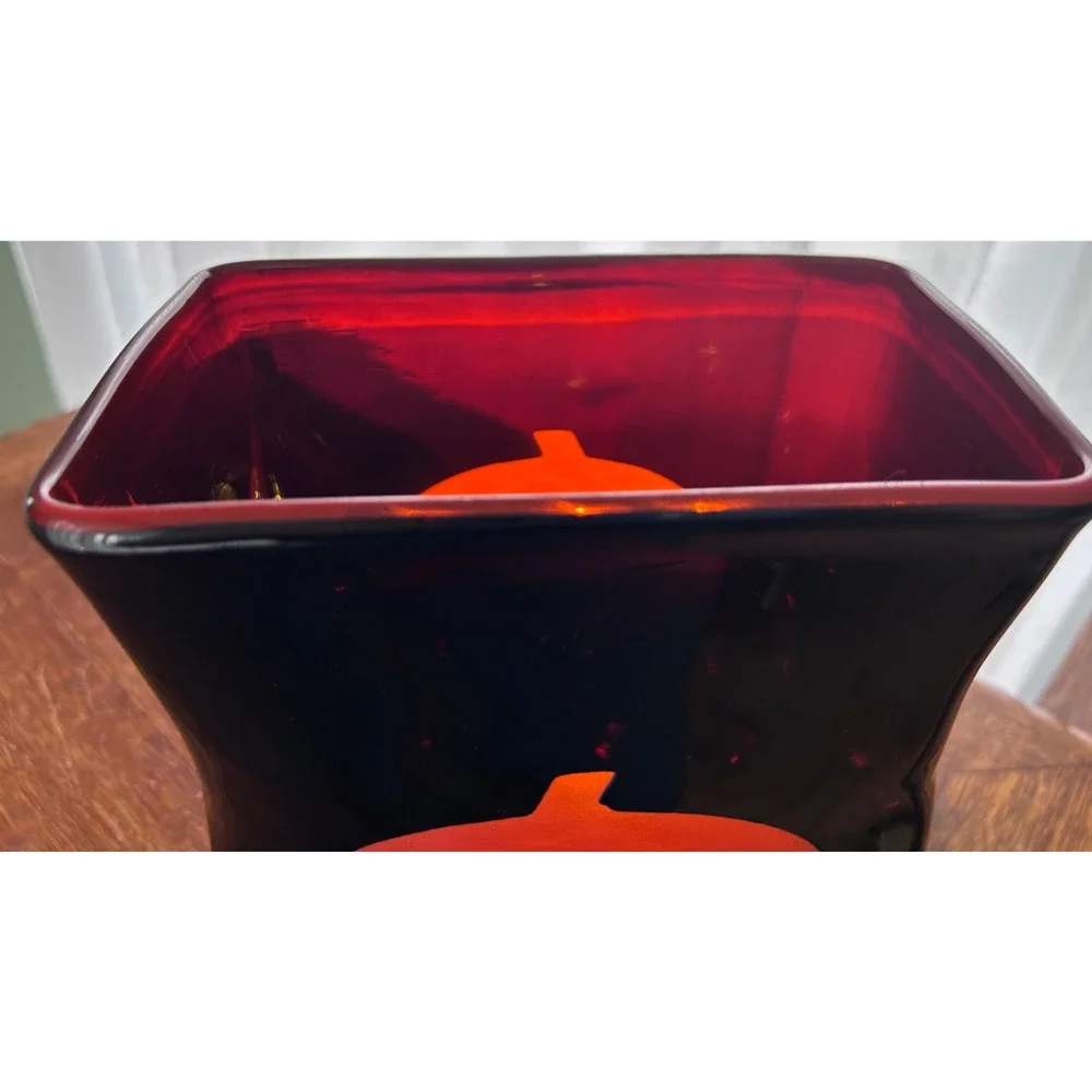 Spooky Oxblood Red Glowing Cut Glass Pumpkin Face Tea Lite Vase Halloween Italy